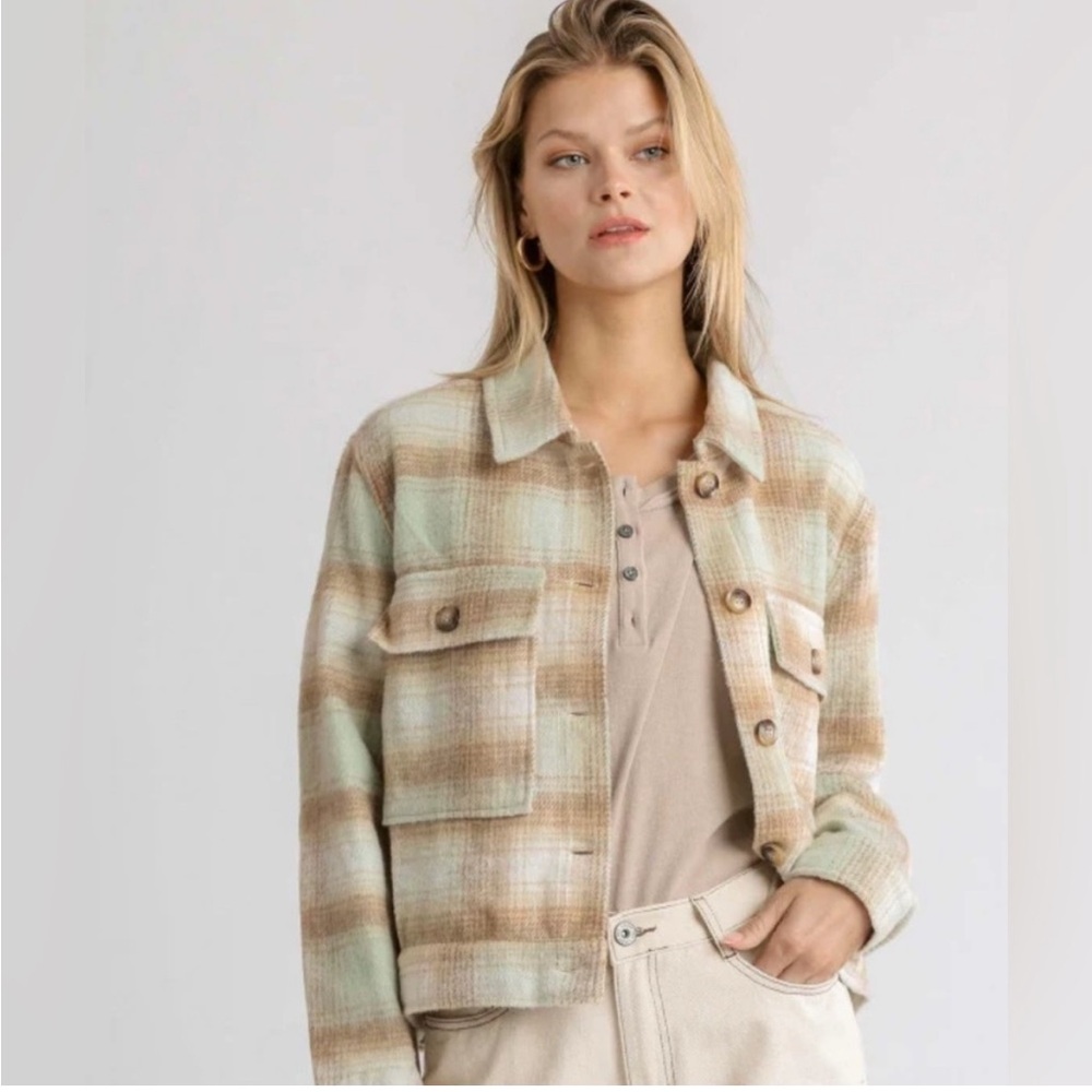 Umgee Plaid Cropped Jacket Shacket In Pistachio‎ Mix Size Large